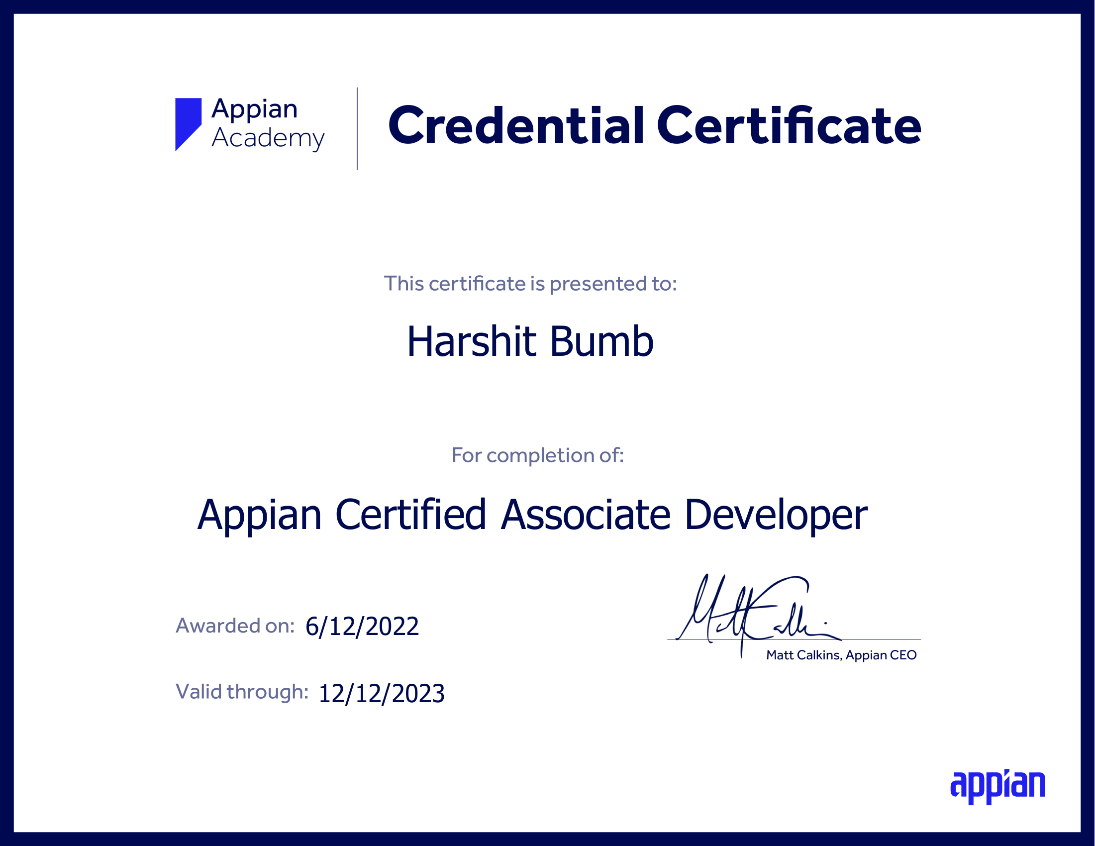 Appian Certified Associate Developer for Harshit Bumb